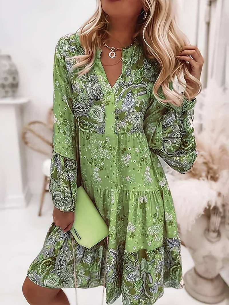 Boho Floral Midi Dress Long Sleeve V-Neck - Green