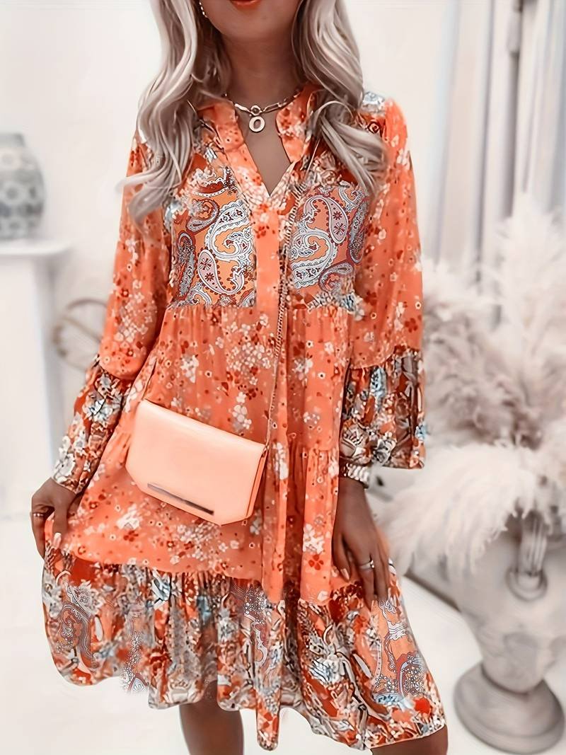 Boho Floral Midi Dress Long Sleeve V-Neck - Orange