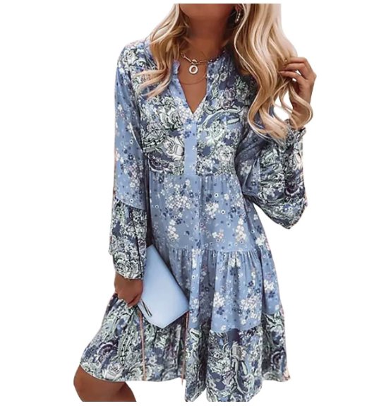 Boho Floral Midi Dress Long Sleeve V-Neck - Blue