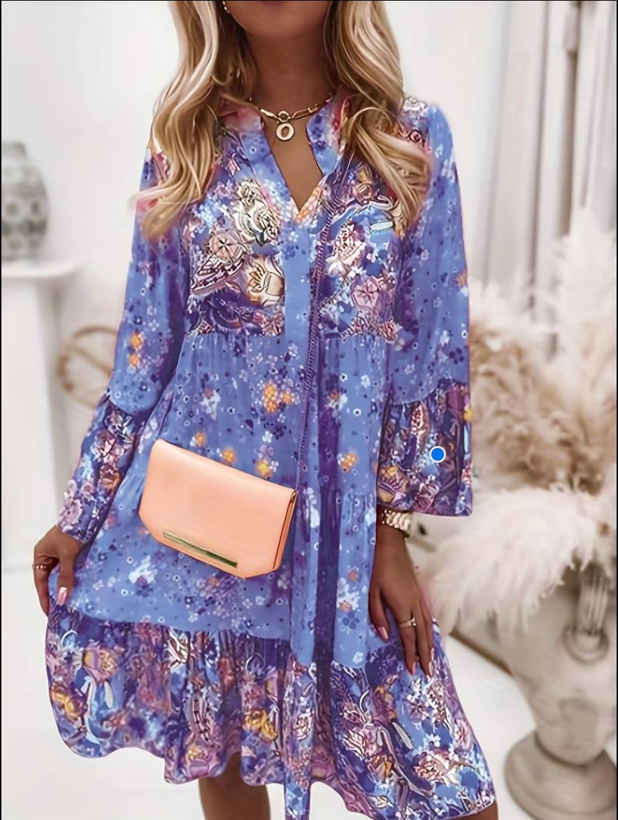 Boho Floral Midi Dress Long Sleeve V-Neck