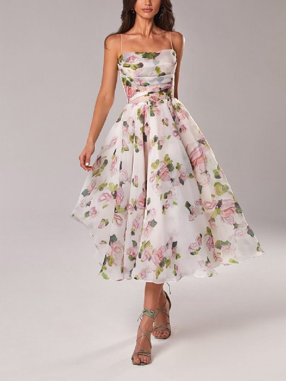 Boho Floral Midi Dress Spaghetti Strap A-Line Summer - Pink