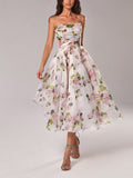 Boho Floral Midi Dress Spaghetti Strap A-Line Summer - Pink