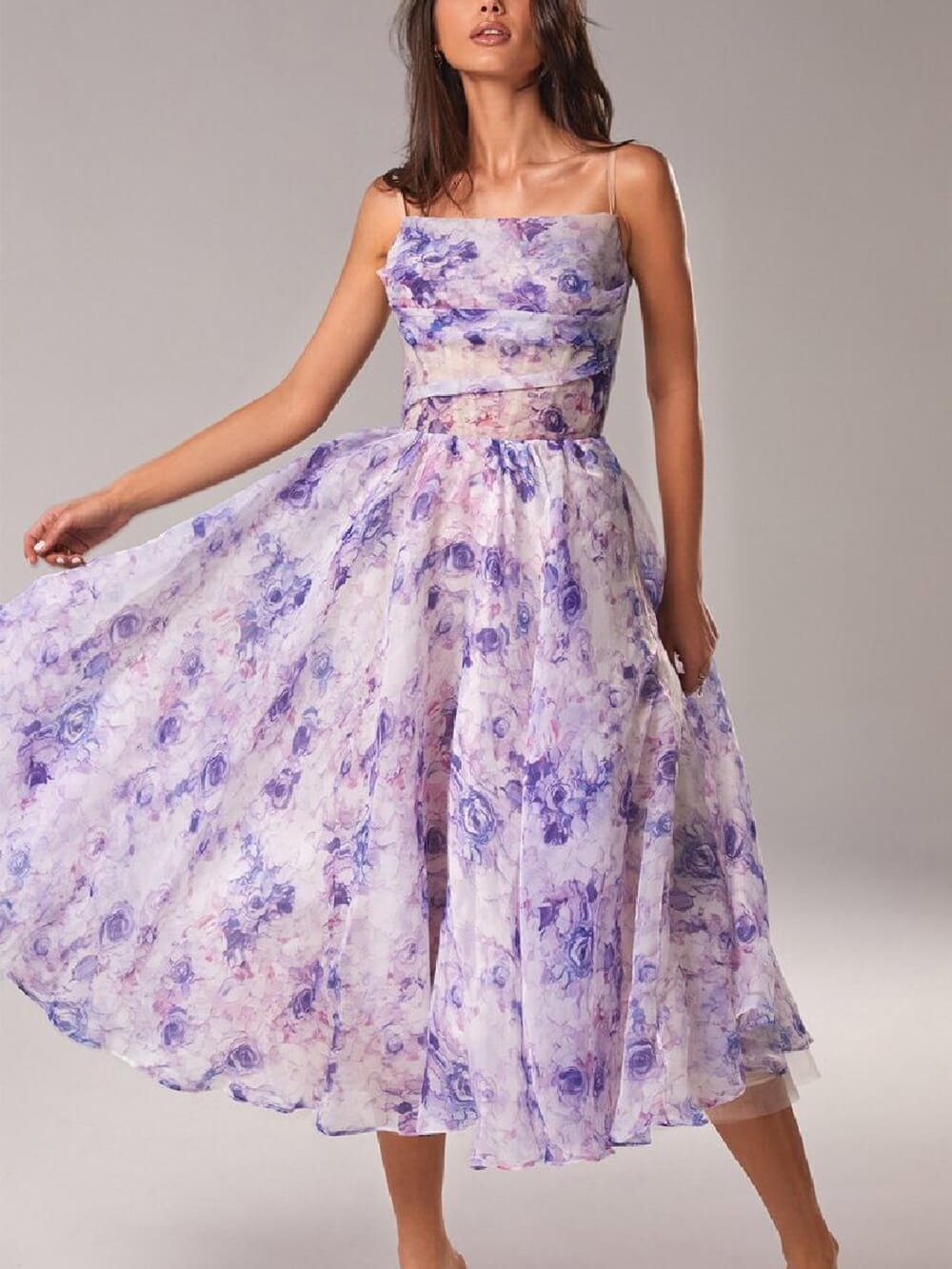 Boho Floral Midi Dress Spaghetti Strap A-Line Summer - Purple