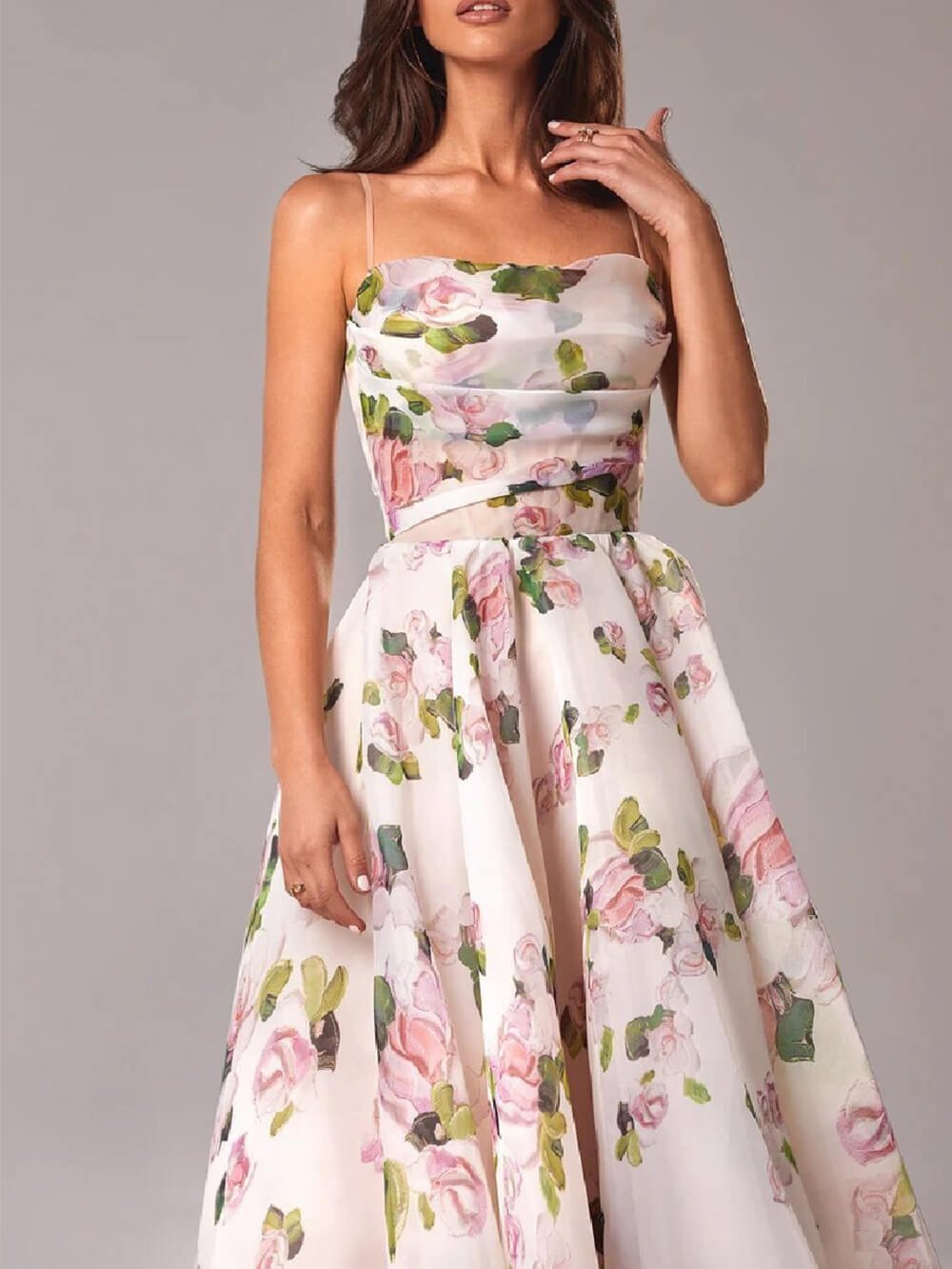 Boho Floral Midi Dress Spaghetti Strap A-Line Summer