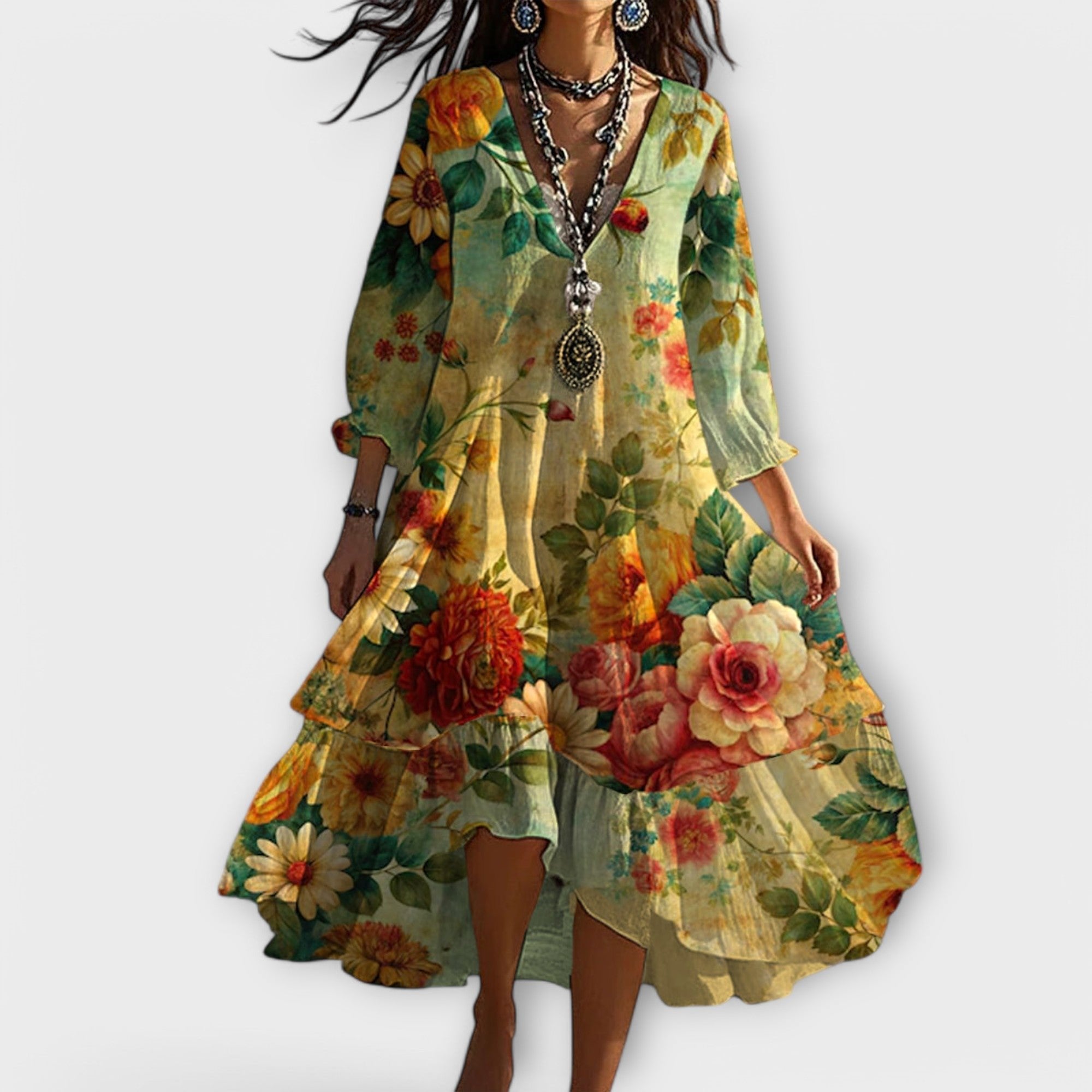 Boho Floral Midi Dress V-Neck Tiered Hem - Yellow