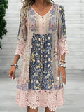 Boho Flowy Dress V-Neck 3/4 Sleeve Floral Lace Trim - White