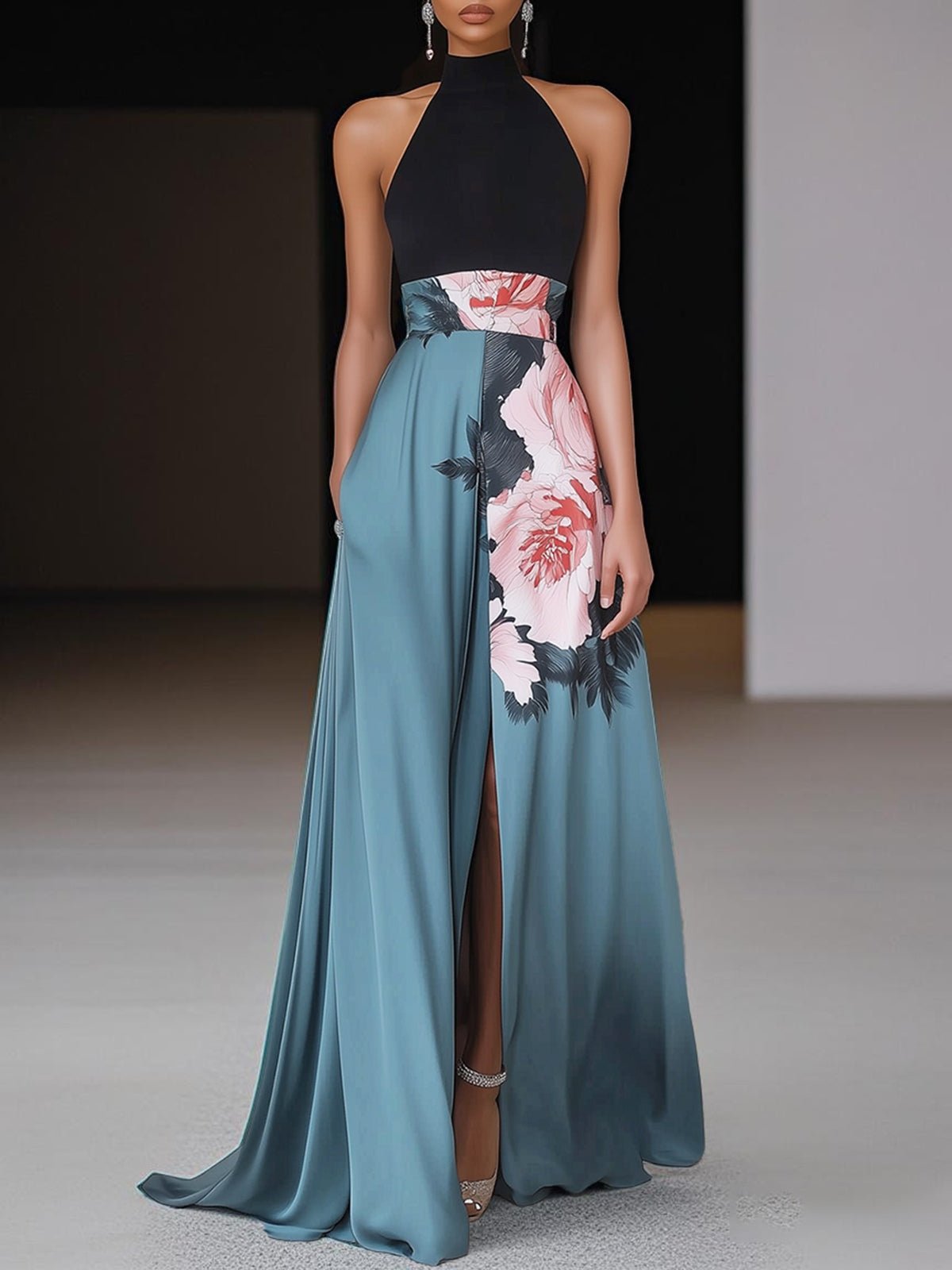 Boho Halter Maxi Dress Floral Print Side Slit A-Line - Black