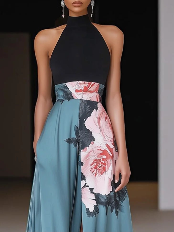Boho Halter Maxi Dress Floral Print Side Slit A-Line