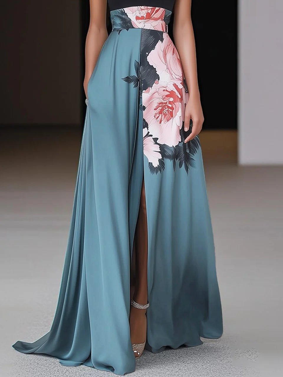 Boho Halter Maxi Dress Floral Print Side Slit A-Line
