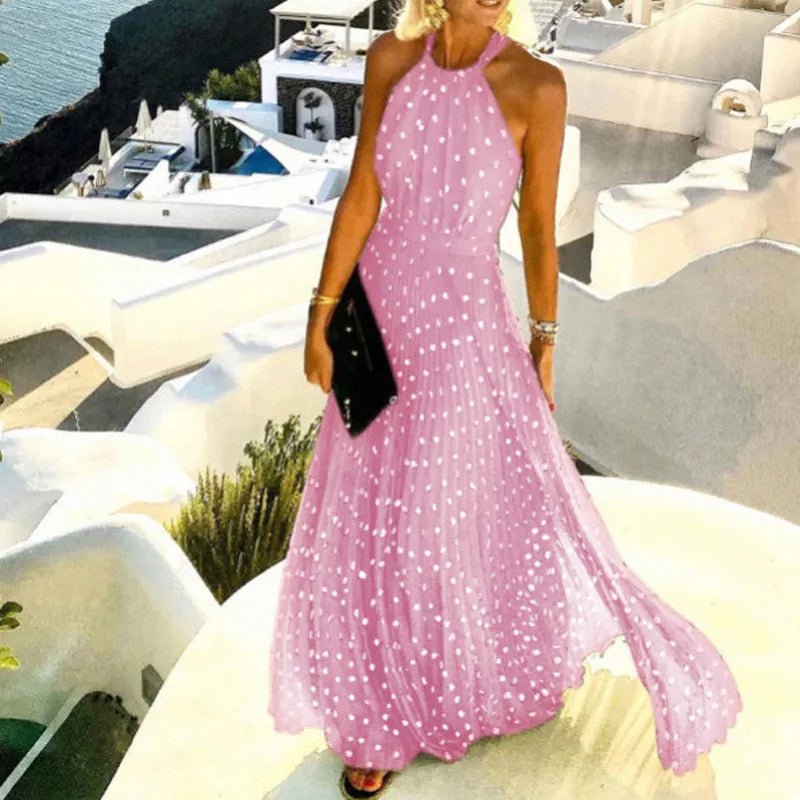 Boho Halter Maxi Dress Pleated Polka Dot Summer - Pink