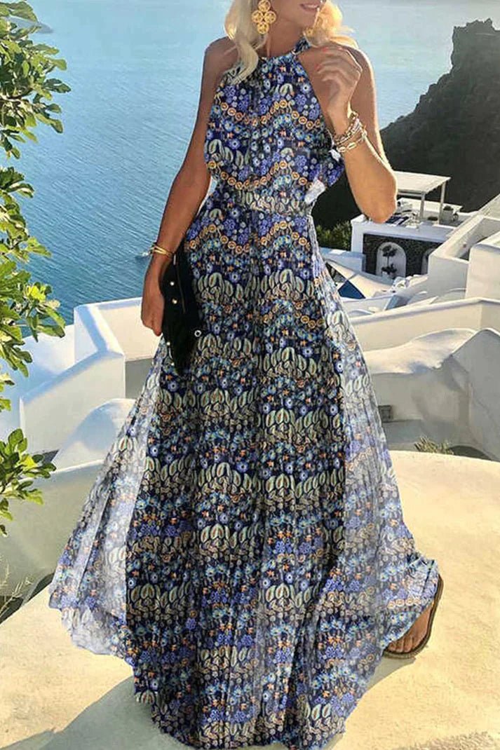 Boho Halter Maxi Dress Pleated Polka Dot Summer - Blue