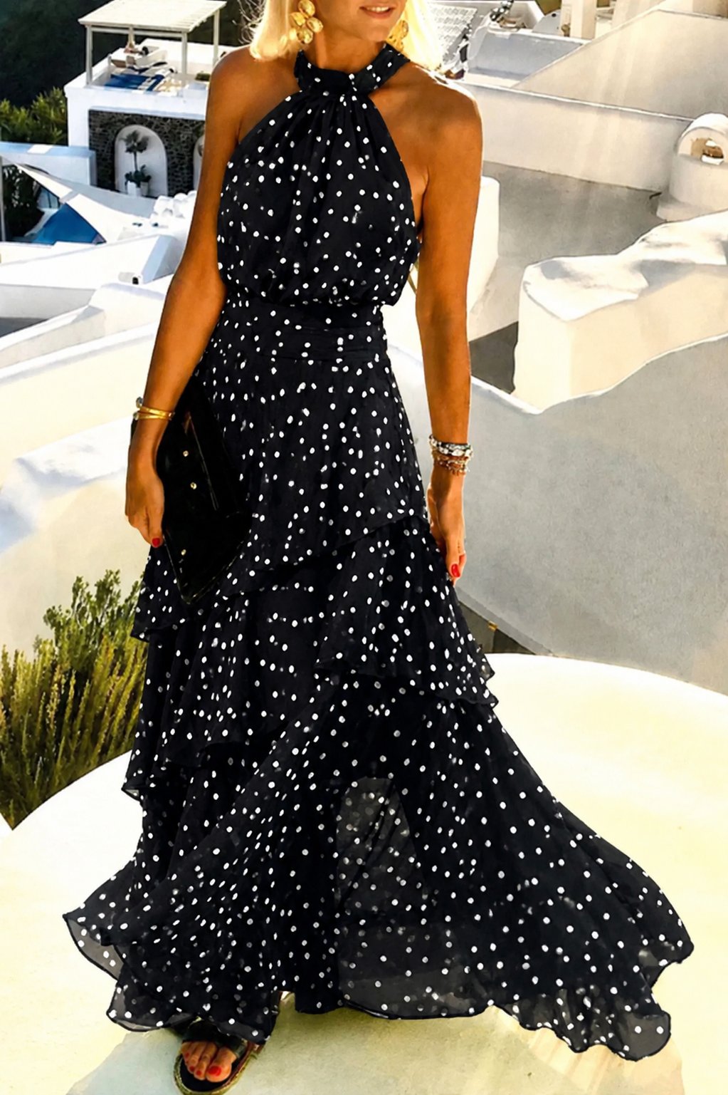 Boho Halter Maxi Dress Pleated Polka Dot Summer - Black