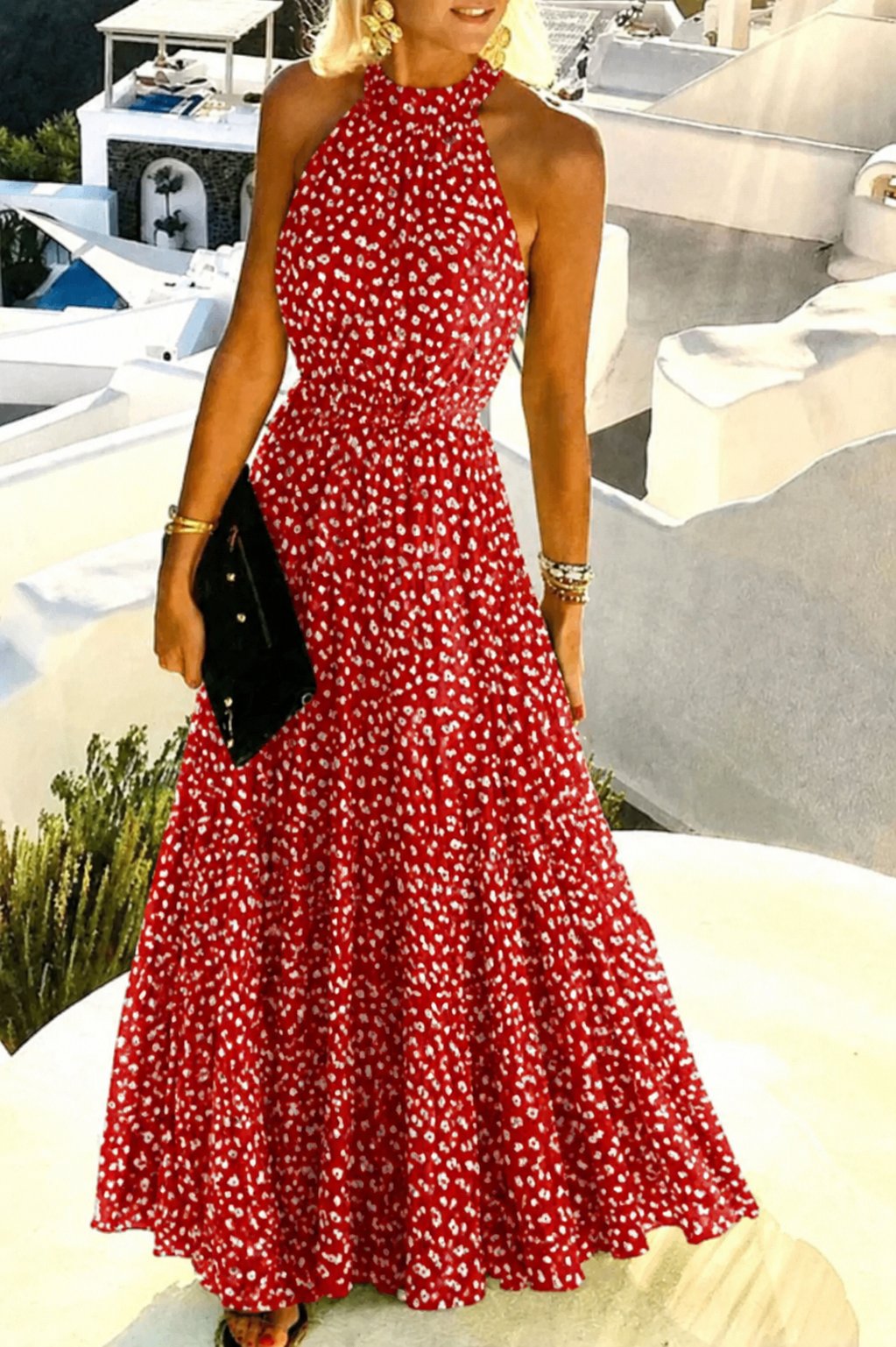 Boho Halter Maxi Dress Pleated Polka Dot Summer - Red