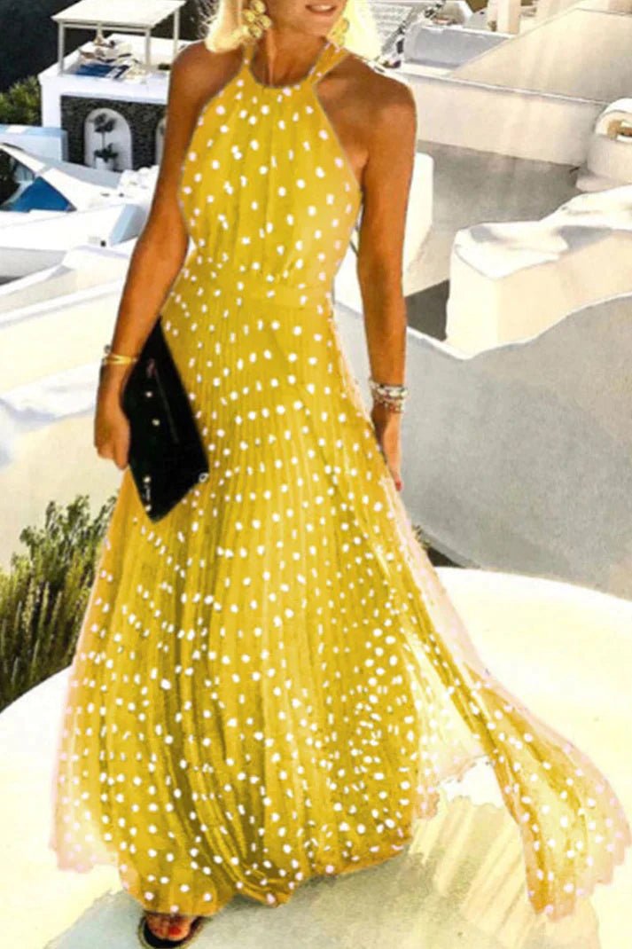 Boho Halter Maxi Dress Pleated Polka Dot Summer - Yellow