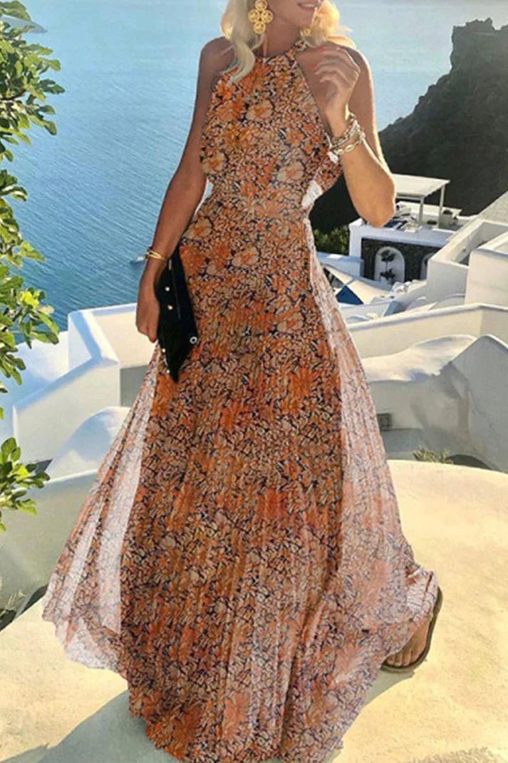 Boho Halter Maxi Dress Pleated Polka Dot Summer - Orange