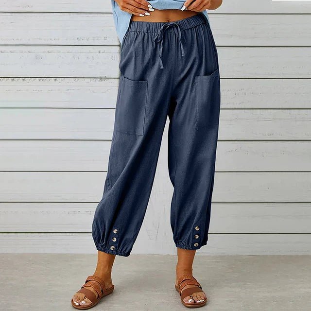 Boho High Waist Pants Relaxed Fit Drawstring Pockets - Navy Blue