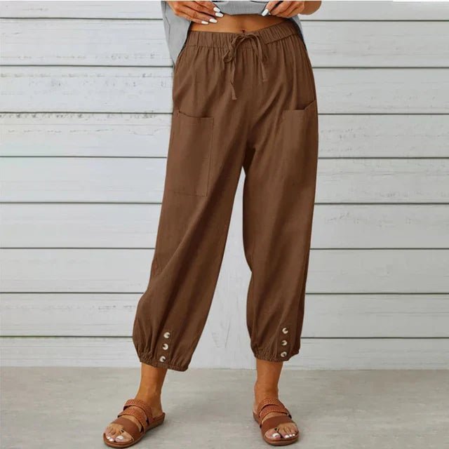 Boho High Waist Pants Relaxed Fit Drawstring Pockets - Brown