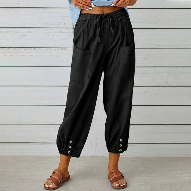 Boho High Waist Pants Relaxed Fit Drawstring Pockets - Black (Almost sold out)