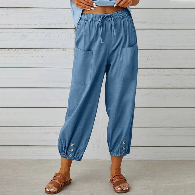 Boho High Waist Pants Relaxed Fit Drawstring Pockets - Denim Blue (Almost sold out)