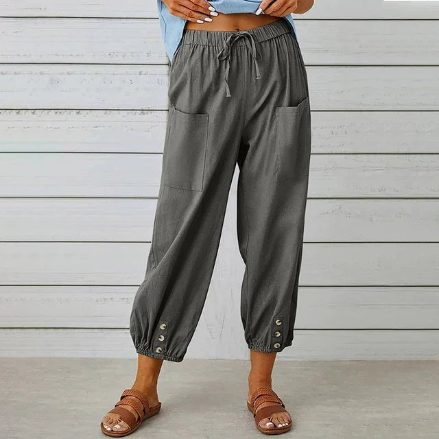 Boho High Waist Pants Relaxed Fit Drawstring Pockets - Dark Grey