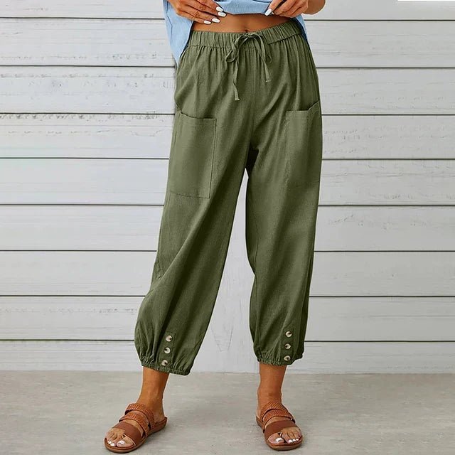 Boho High Waist Pants Relaxed Fit Drawstring Pockets - Army Green (Almost sold out)