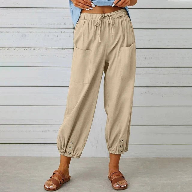 Boho High Waist Pants Relaxed Fit Drawstring Pockets - Khaki