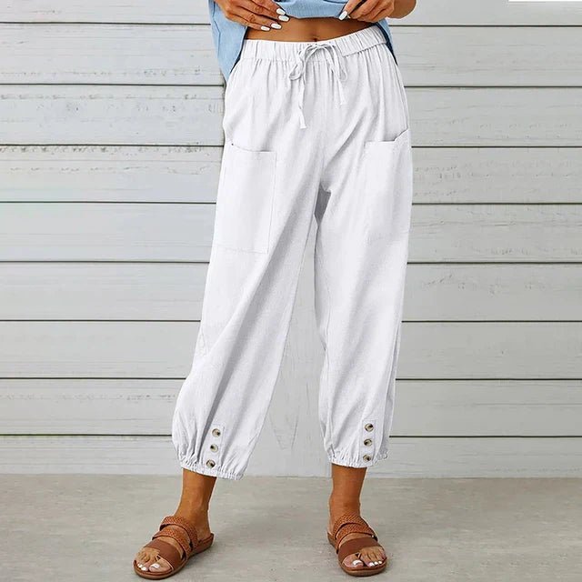 Boho High Waist Pants Relaxed Fit Drawstring Pockets - White