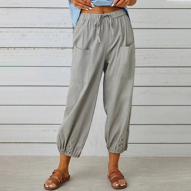 Boho High Waist Pants Relaxed Fit Drawstring Pockets - Light Grey