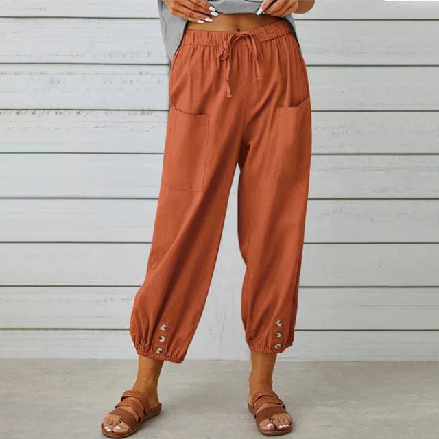 Boho High Waist Pants Relaxed Fit Drawstring Pockets - Brick Red