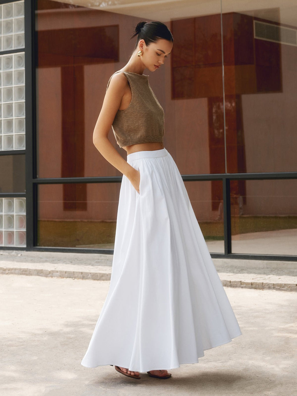 Boho High Waist Pleated A-Line Maxi Skirt with Pockets - White