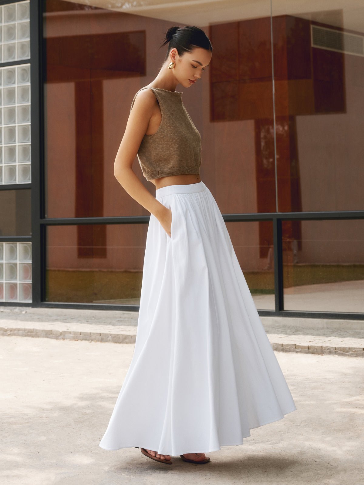 Boho High Waist Pleated A-Line Maxi Skirt with Pockets - White