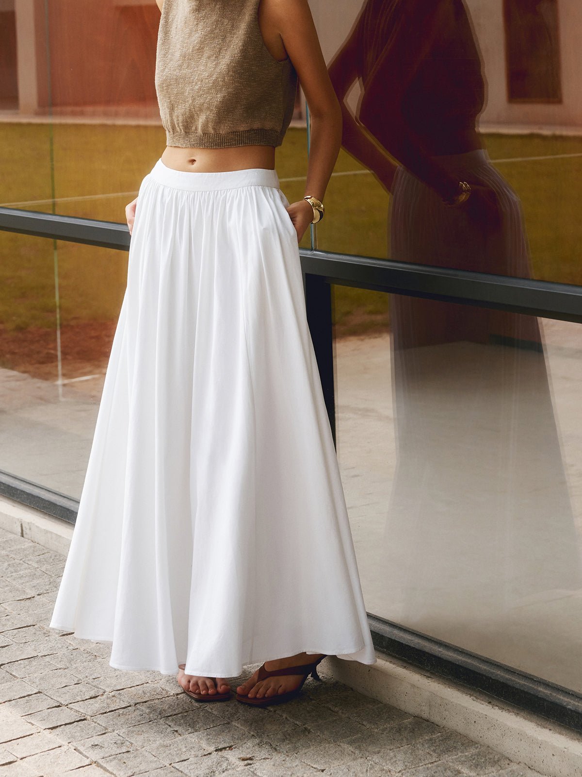 Boho High Waist Pleated A-Line Maxi Skirt with Pockets