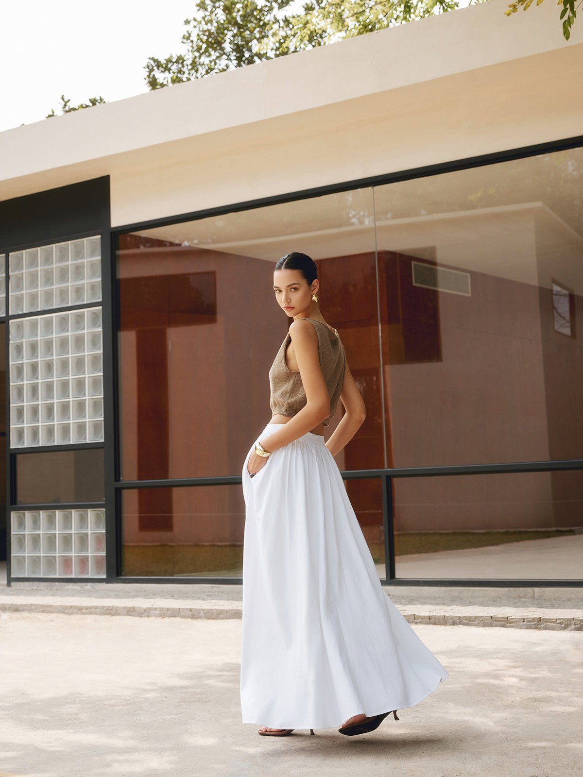 Boho High Waist Pleated A-Line Maxi Skirt with Pockets