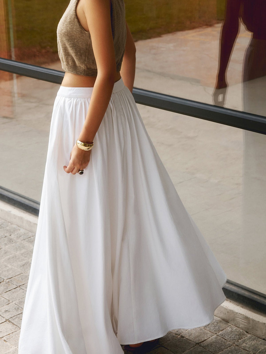 Boho High Waist Pleated A-Line Maxi Skirt with Pockets