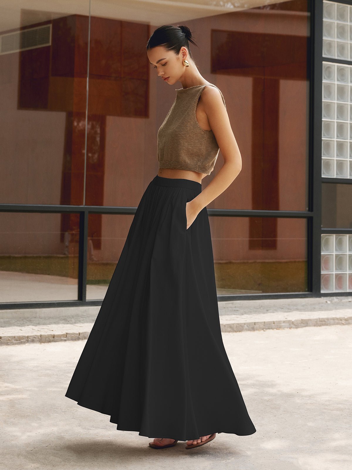 Boho High Waist Pleated A-Line Maxi Skirt with Pockets - Black