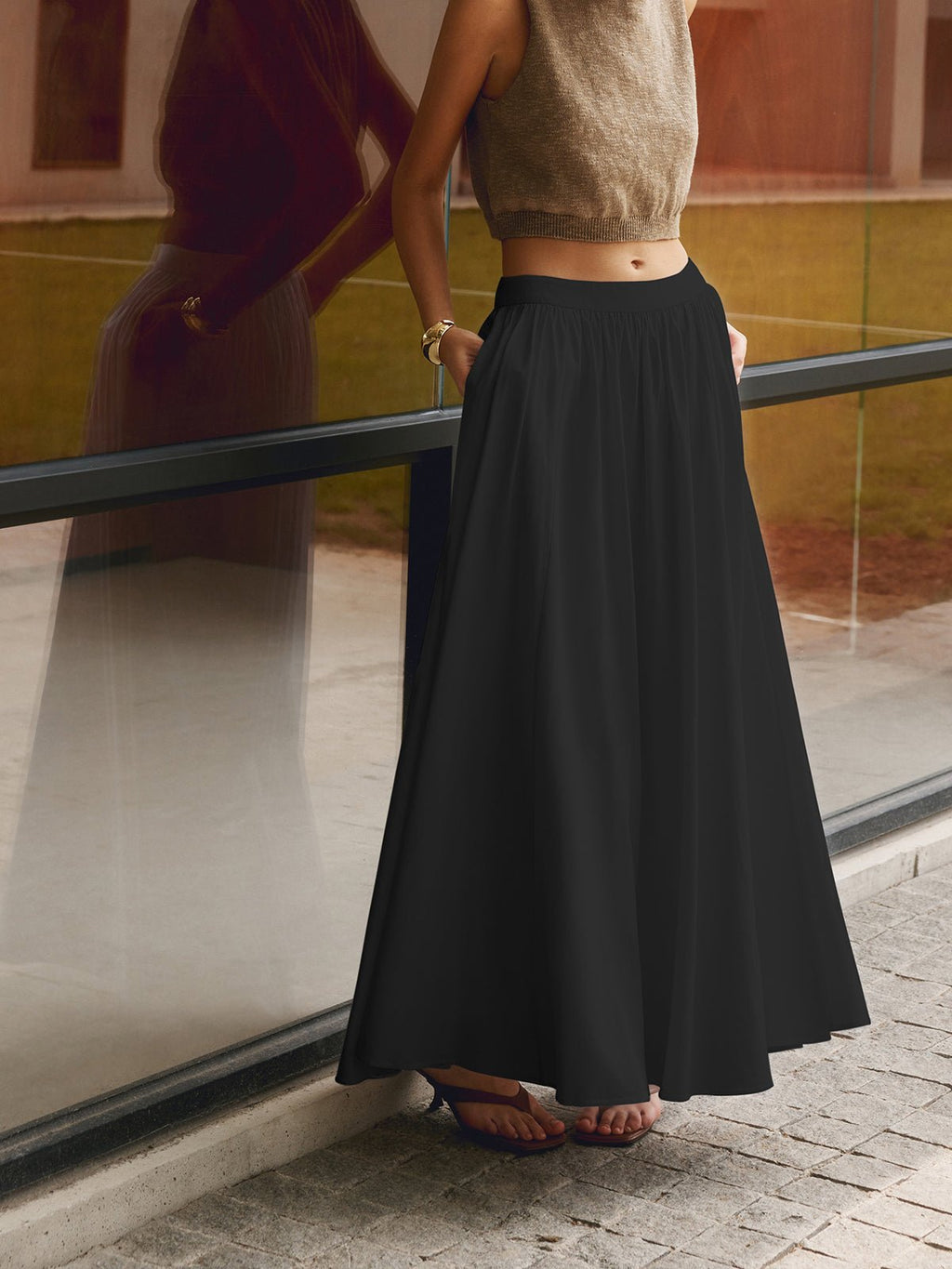 Boho High Waist Pleated A-Line Maxi Skirt with Pockets