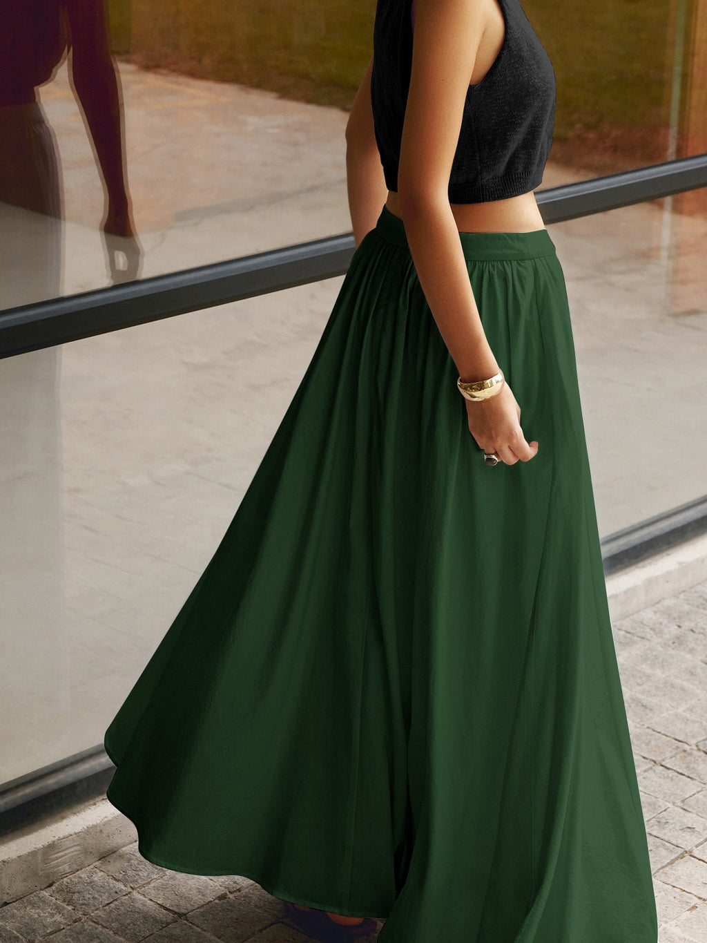 Boho High Waist Pleated A-Line Maxi Skirt with Pockets - Green