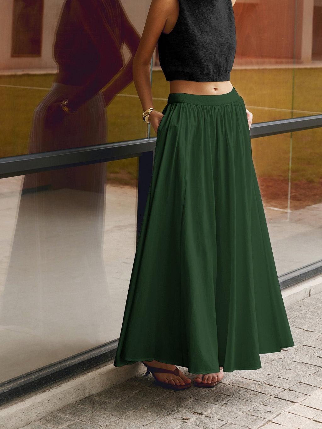 Boho High Waist Pleated A-Line Maxi Skirt with Pockets