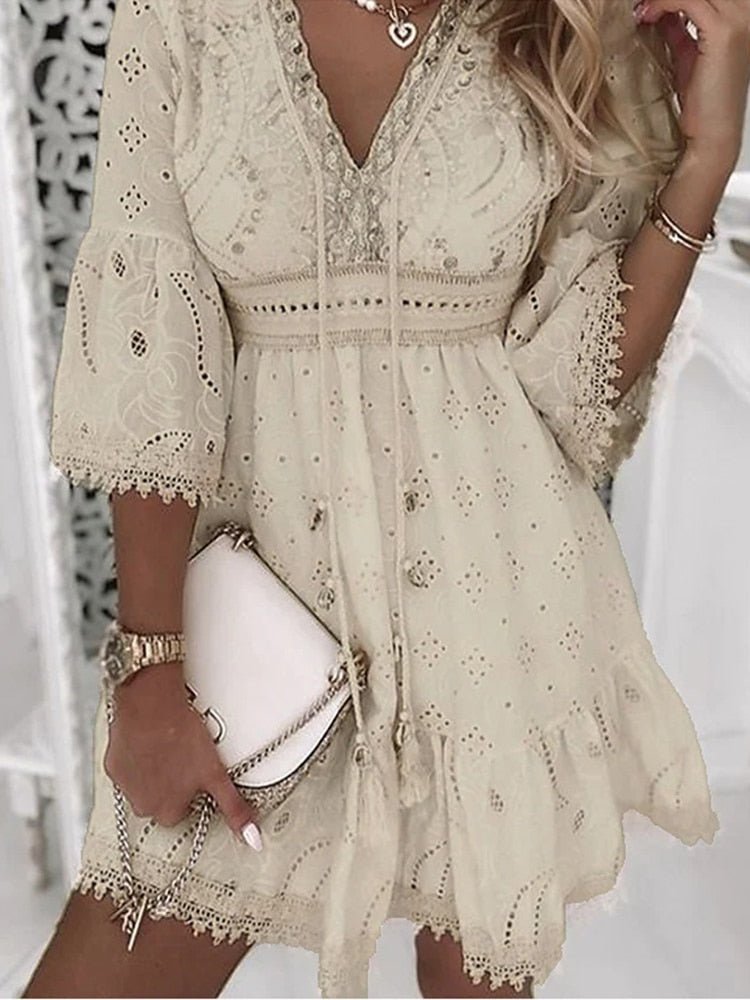 Boho Lace Mini Dress V-Neck Bell Sleeves - Beige