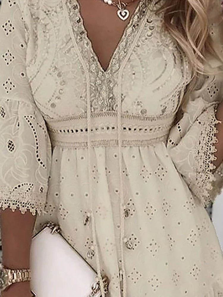Boho Lace Mini Dress V-Neck Bell Sleeves