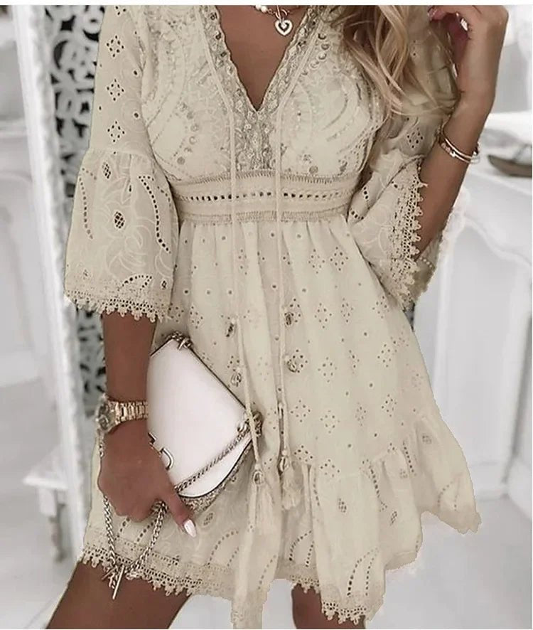 Boho Lace Mini Dress V-Neck Bell Sleeves