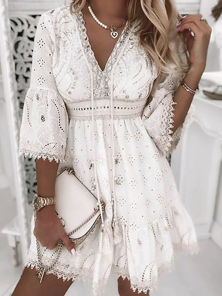 Boho Lace Mini Dress V-Neck Bell Sleeves - White
