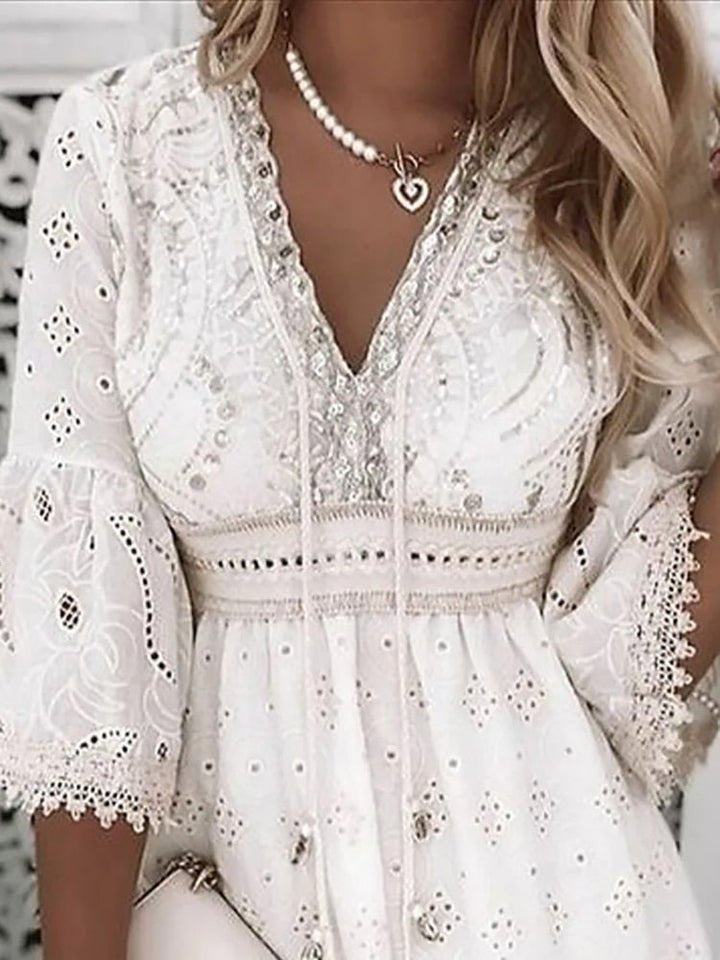 Boho Lace Mini Dress V-Neck Bell Sleeves