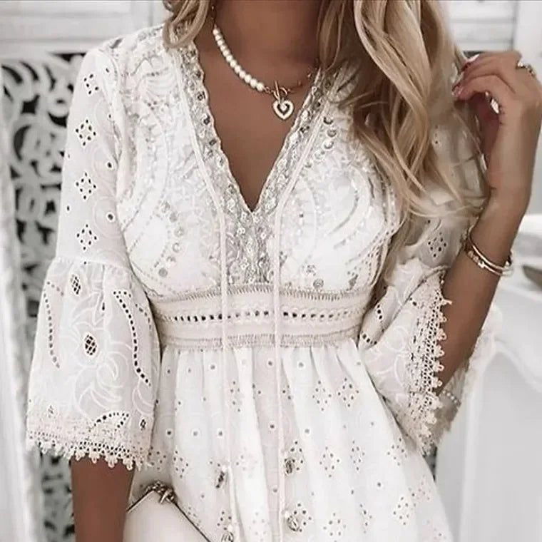 Boho Lace Mini Dress V-Neck Bell Sleeves
