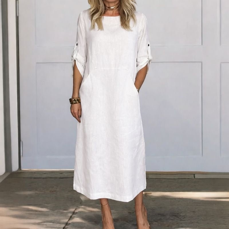 Boho Maxi Dress A-Line Loose Fit Roll-Up Sleeves - White