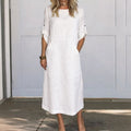 Boho Maxi Dress A-Line Loose Fit Roll-Up Sleeves - White