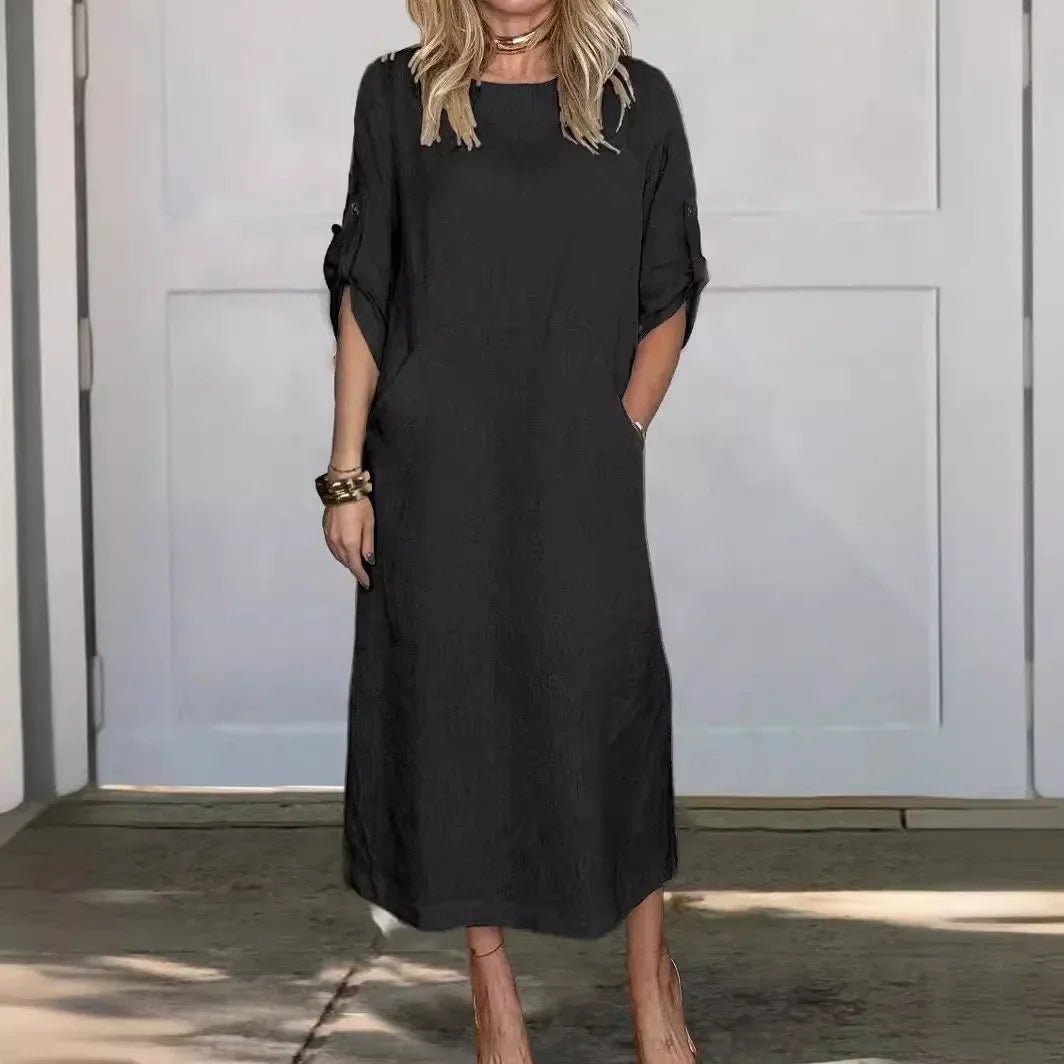 Boho Maxi Dress A-Line Loose Fit Roll-Up Sleeves - Black