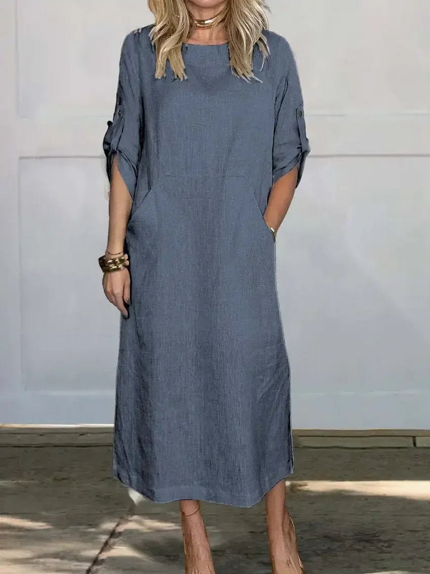 Boho Maxi Dress A-Line Loose Fit Roll-Up Sleeves - Blue
