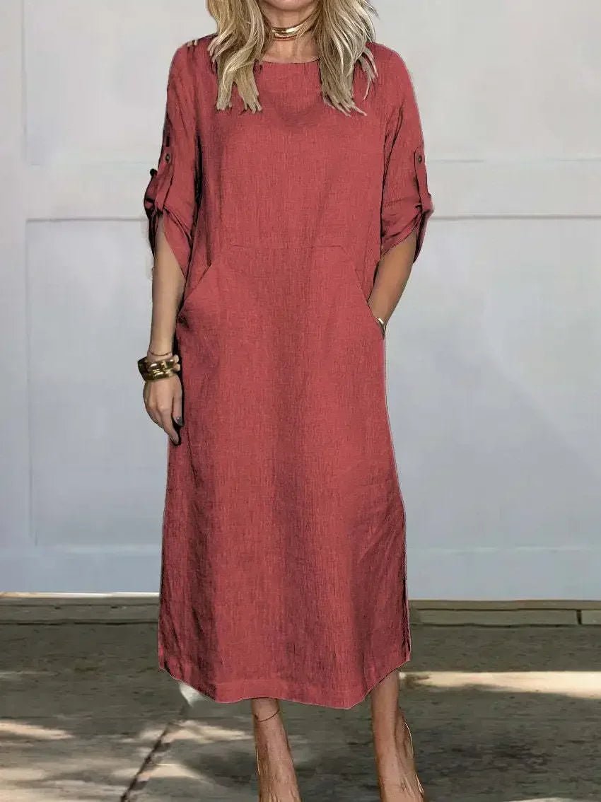 Boho Maxi Dress A-Line Loose Fit Roll-Up Sleeves - Red