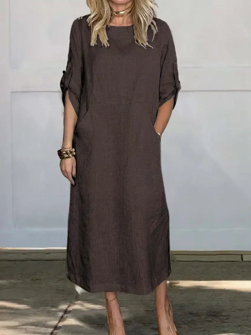 Boho Maxi Dress A-Line Loose Fit Roll-Up Sleeves - Coffee